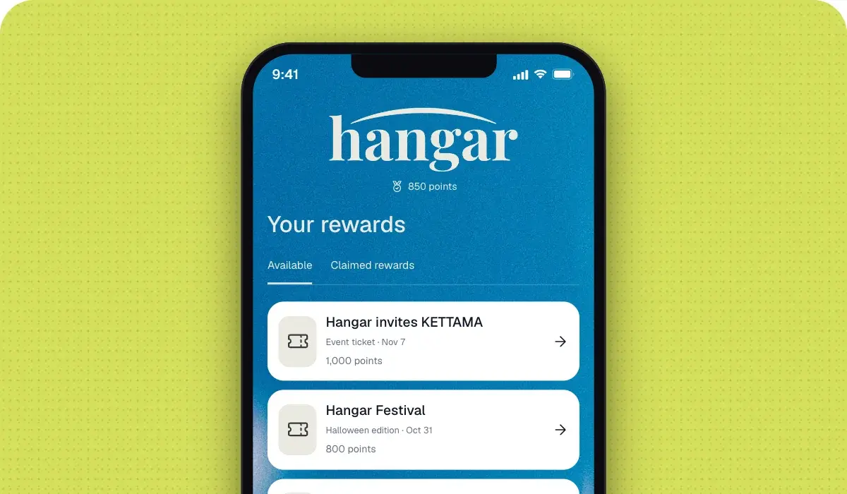 The Hangar ambassador app showing points and available event ticket rewards